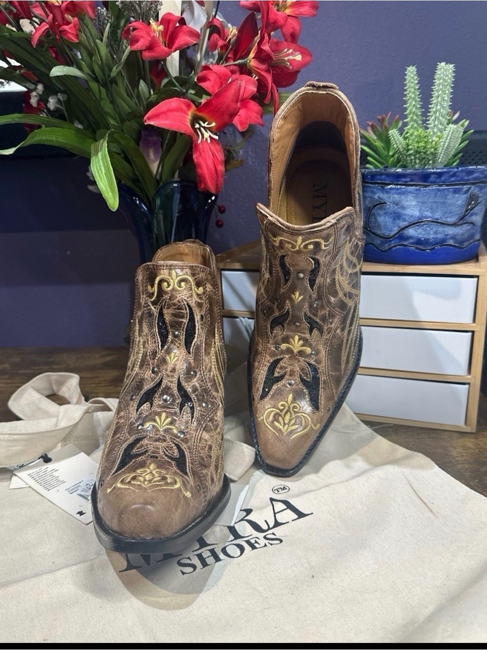 Myra Brown Leather Western Embroidered Ankle Boots